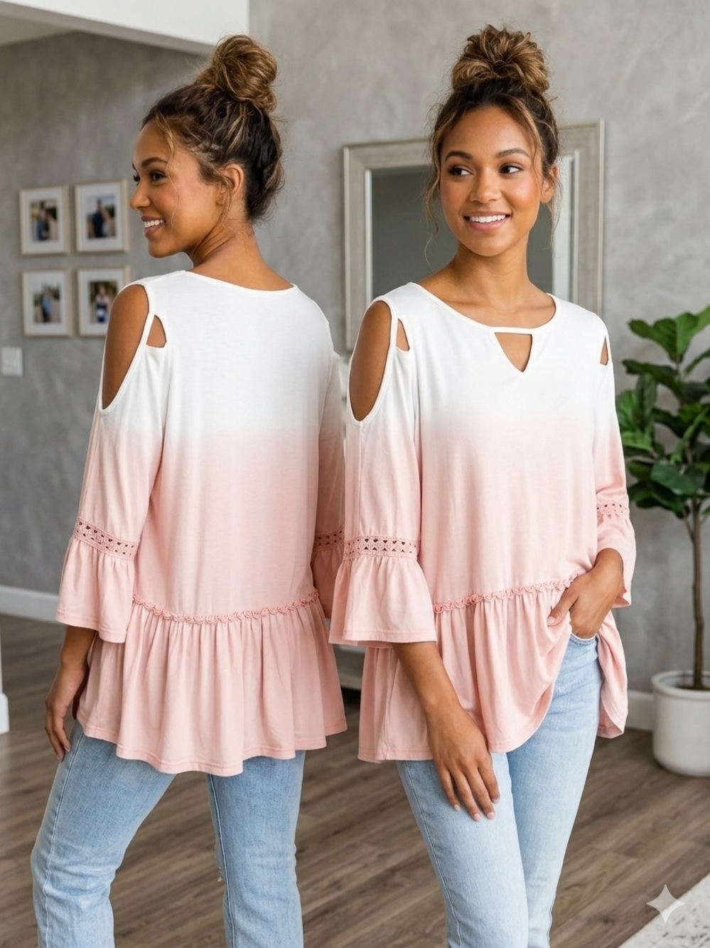Pol x Anthropologie Ombre Cold Shoulder Crochet Trim Peplum Boho Top Small